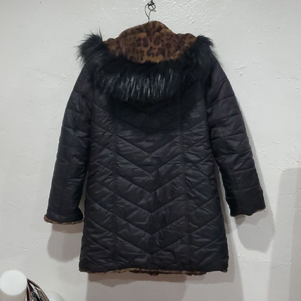Reversible Dennis Basso Coat - Black Puffer & Faux Fur Leapord Print Size XXS - Picture 10 of 16
